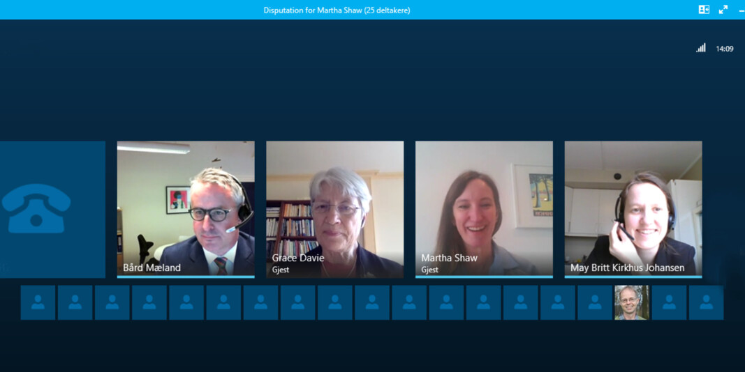 Martha Shaw disputerte digitalt ved VID vitenskapelige høgskole 23. mars via Skype. Det var flere deltakere underveis, blant andre rektor Bård Mæland og veileder Grace Davie. Martha Shaw disputerte digitalt ved VID vitenskapelige høgskole 23. mars via Skype. Det var flere deltakere underveis, blant andre rektor Bård Mæland og veileder Grace Davie.