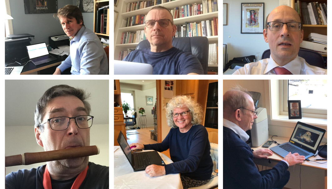 Seks av dekane ved Universitetet i Bergen fra sitt hjemmekontor. Øverst fra venstre: Jørgen Magnus Sejersted, Helge K. Dahle, Karl Harald Søvig, Frode Thorsen, Bente Wold, Jan Erik Askildsen. Seks av dekane ved Universitetet i Bergen fra sitt hjemmekontor. Øverst fra venstre: Jørgen Magnus Sejersted, Helge K. Dahle, Karl Harald Søvig, Frode Thorsen, Bente Wold, Jan Erik Askildsen.