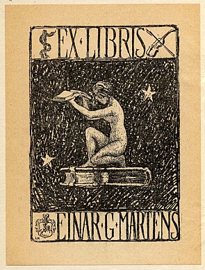 Symboltung Ex libris, laget for Einar G. Martens av «L.R.», ukjent år. Symboltung Ex libris, laget for Einar G. Martens av «L.R.», ukjent år.