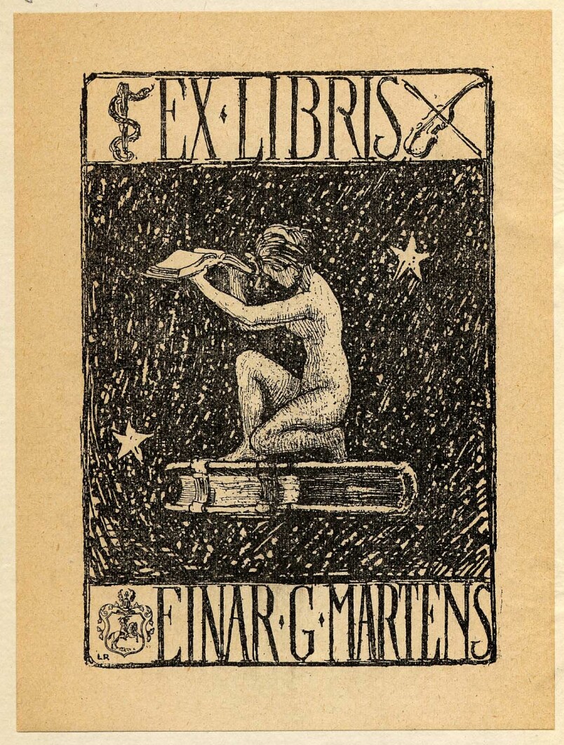 Symboltung Ex libris, laget for Einar G. Martens av «L.R.», ukjent år.