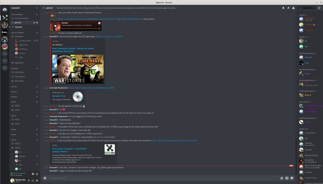 Informatikkstudentene har fått sin egen virtuell lesesal på Discord. Informatikkstudentene har fått sin egen virtuell lesesal på Discord.
