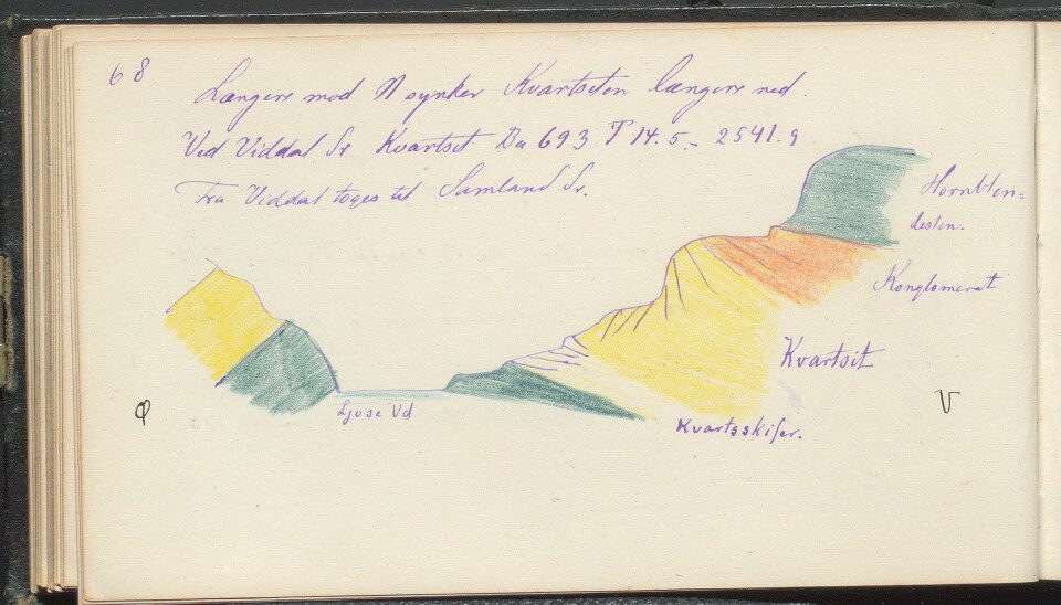 Fra turen fra fjellet Jonstein ned til Samland, lørdag 27. juli 1878. Fra
Thomassens feltbok.
