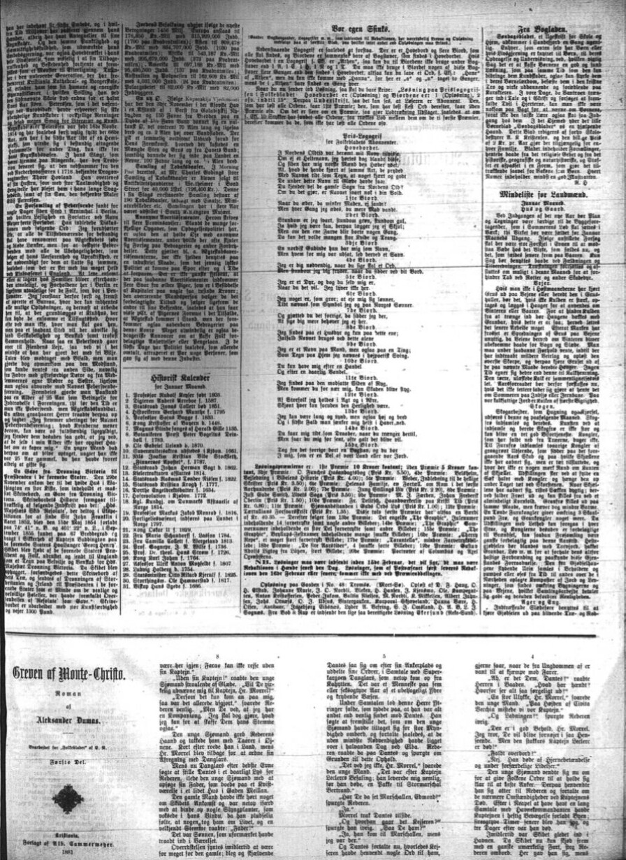 Begynnelsen av "Greven av Monte Christo" som føljetong i Folkebladet fra 1881. Bildet er kopi fra NBs mikrofilmsamlingen. Begynnelsen av "Greven av Monte Christo" som føljetong i Folkebladet fra 1881. Bildet er kopi fra NBs mikrofilmsamlingen.