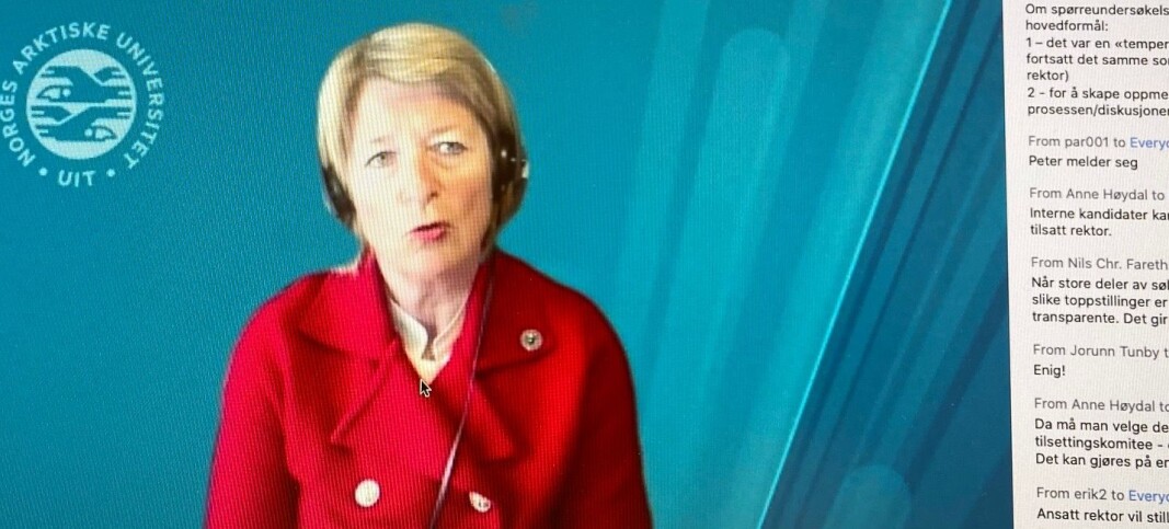 Rektor Anne Husebekk på UiT under debattmøtet på Zoom. Rektor Anne Husebekk på UiT under debattmøtet på Zoom.