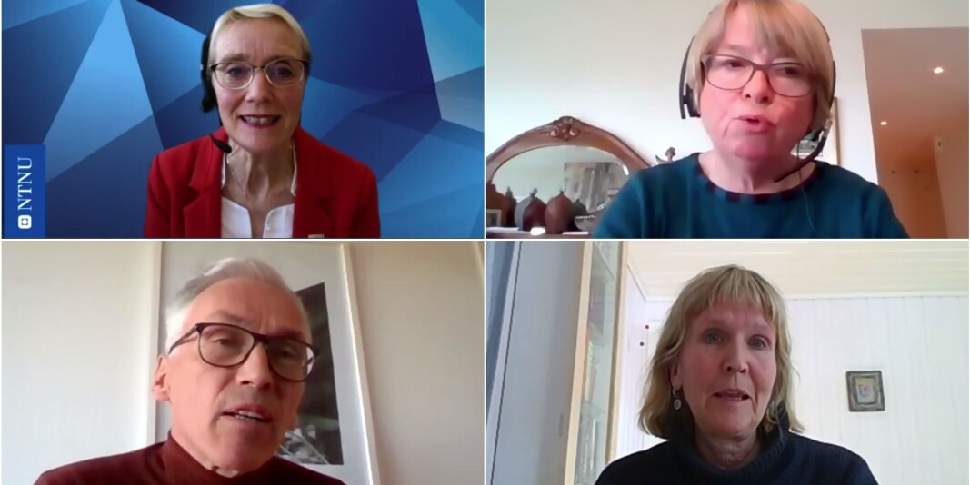 Rektor Anne Borg (oppe til venstre), prorektor for utdanning, Berit Kjeldstad, prorektor for forskning, Bjarne Foss og organisasjonsdirektør Ida Munkeby var blant de som svarte på spørsmål fredag morgen. Rektor Anne Borg (oppe til venstre), prorektor for utdanning, Berit Kjeldstad, prorektor for forskning, Bjarne Foss og organisasjonsdirektør Ida Munkeby var blant de som svarte på spørsmål fredag morgen.