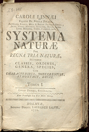 Tittelbladet på 10. utgave av «Systema Naturae», utgitt i Stockholm i 1758-59. Tittelbladet på 10. utgave av «Systema Naturae», utgitt i Stockholm i 1758-59.