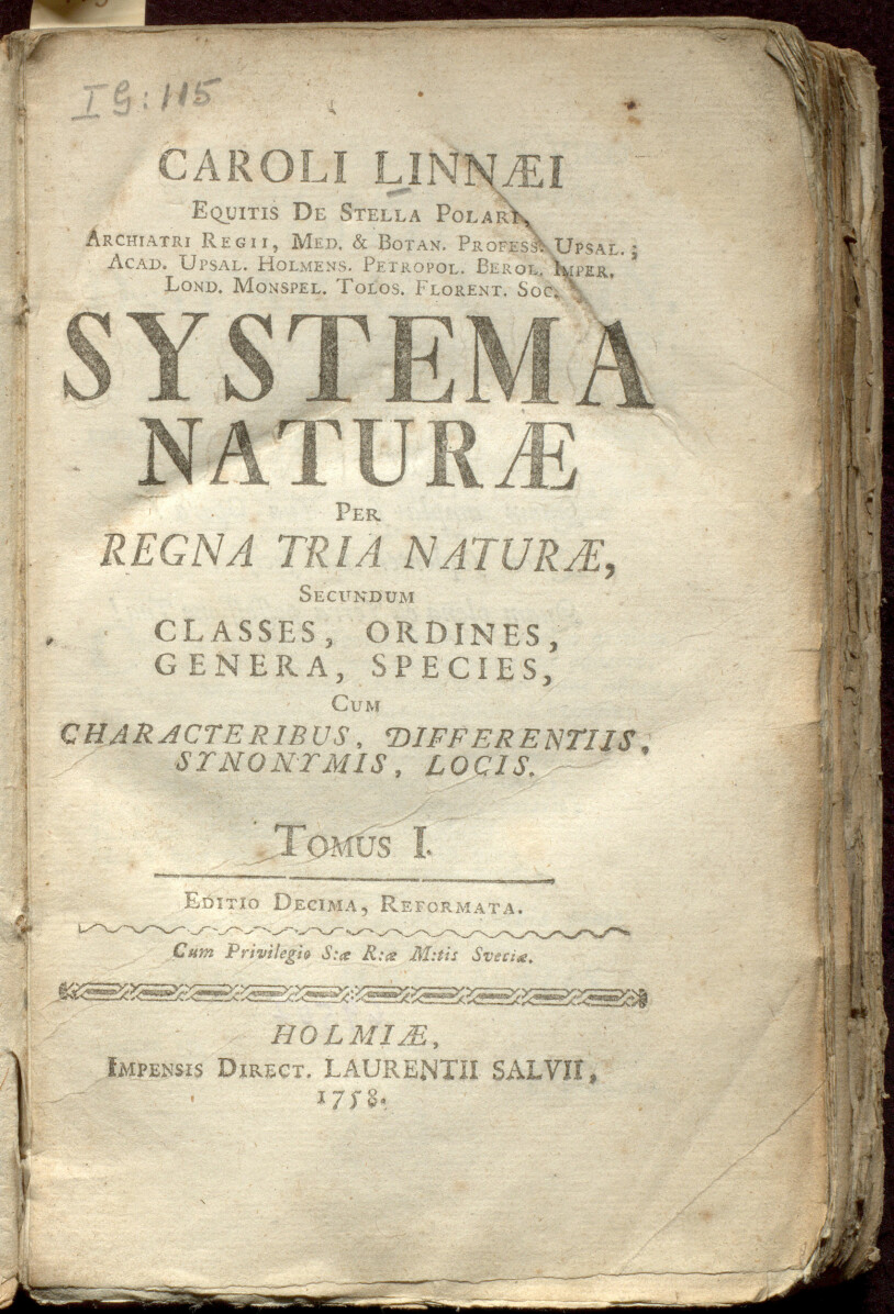 Tittelbladet på 10. utgave av «Systema Naturae», utgitt i Stockholm i 1758-59.
