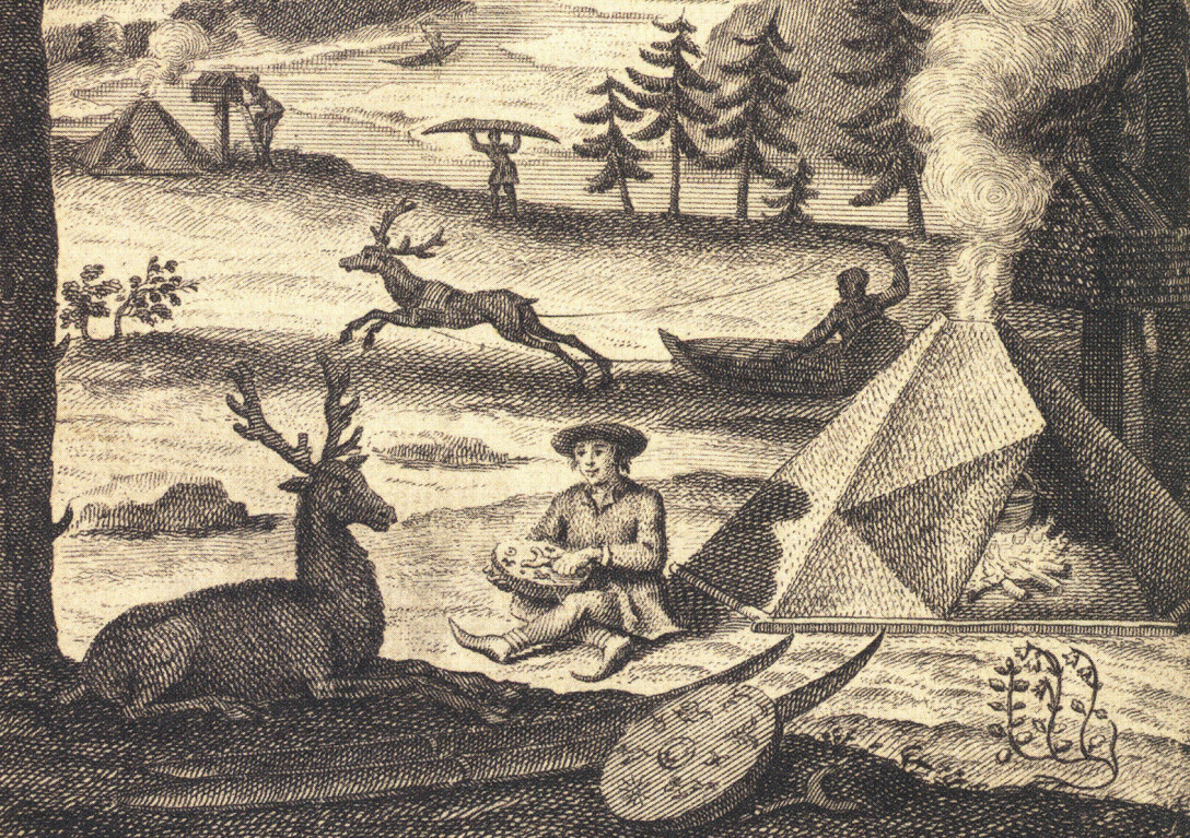 Illustrasjon fra tittelbladet i «Flora Lapponica» fra 1737. Den unge oppdagelsesreisende Linné i Lappland, ikke uventet med Linnea borealis nede til høyre. Illustrasjon fra tittelbladet i «Flora Lapponica» fra 1737. Den unge oppdagelsesreisende Linné i Lappland, ikke uventet med Linnea borealis nede til høyre.