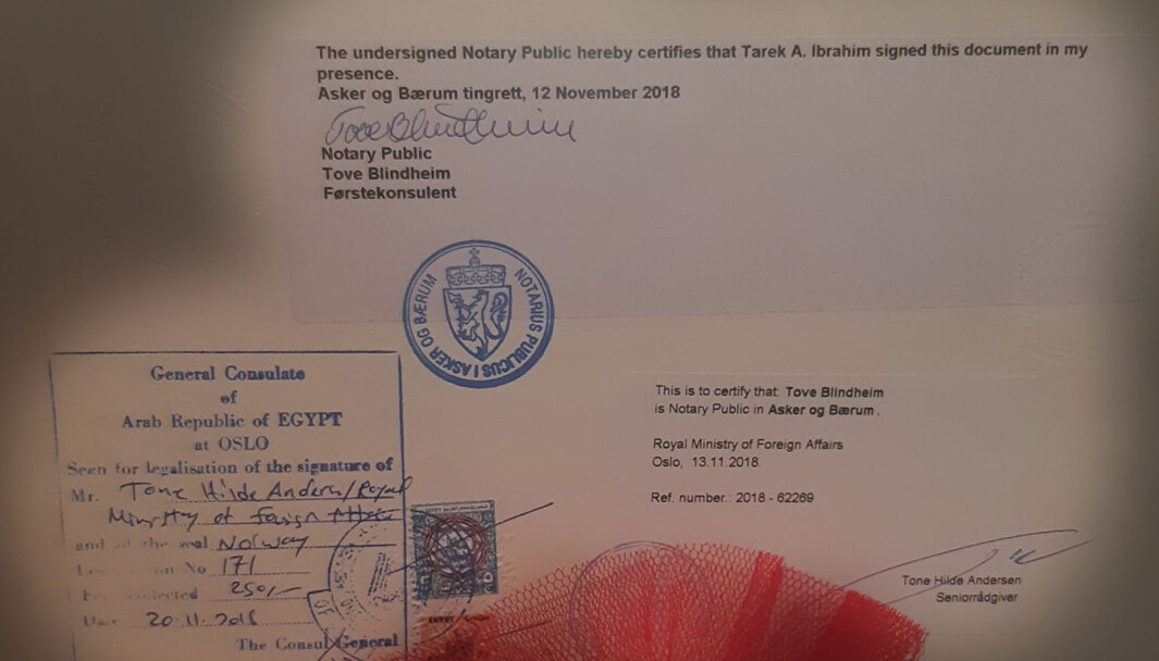 The back of a diploma with stamps from the district court, the Ministry of Foreign Affairs and the embassy in Egypt. The back of a diploma with stamps from the district court, the Ministry of Foreign Affairs and the embassy in Egypt.