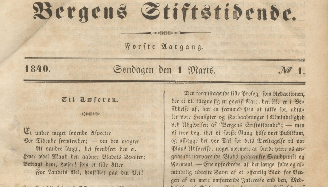 Første nummer av Bergens Stiftstidende, 1. mars 1840 Første nummer av Bergens Stiftstidende, 1. mars 1840