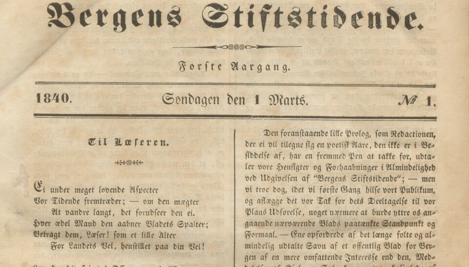 Første nummer av Bergens Stiftstidende, 1. mars 1840