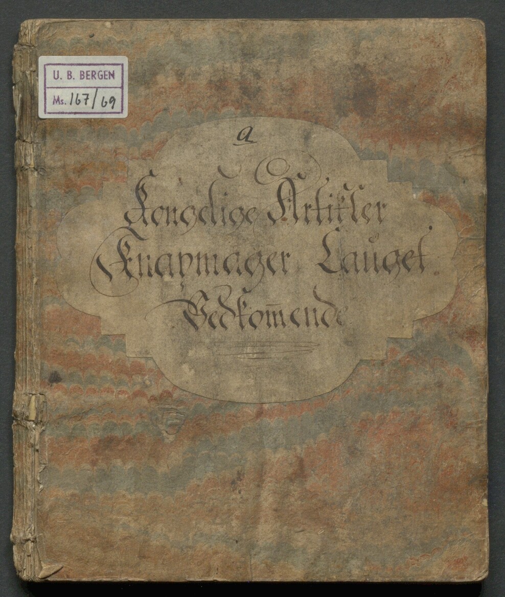 Forsiden av ubb-ms-0167-05-69-a: «Kongelige Knapmager Lauget vedkommende».