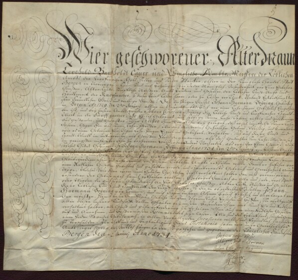 Svennebrevet til Johan Harman Brÿning fra 2. januar 1734. Det er et flott dokument skrevet på ganske høytidelig tysk, siden det skulle introdusere svennen i arbeidsmiljøet han reiste til i Tyskland. Svennebrevet til Johan Harman Brÿning fra 2. januar 1734. Det er et flott dokument skrevet på ganske høytidelig tysk, siden det skulle introdusere svennen i arbeidsmiljøet han reiste til i Tyskland.