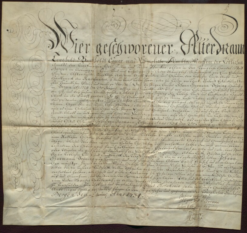 Svennebrevet til Johan Harman Brÿning fra 2. januar 1734. Det er et flott dokument skrevet på ganske høytidelig tysk, siden det skulle introdusere svennen i arbeidsmiljøet han reiste til i Tyskland.