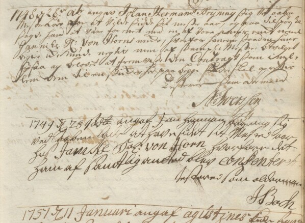Den 28. oktober 1748 anførte laugets oldermann Niels Iversen i protokollen at Johann Harmann Brÿning skal begynne sitt mesterår hos Jannike von Horn, enken etter knappmakermester Tobias von Horn. Ett år senere det er Jacob Buch som er oldermann og bekrefter at mesteråret er fullført. Den 28. oktober 1748 anførte laugets oldermann Niels Iversen i protokollen at Johann Harmann Brÿning skal begynne sitt mesterår hos Jannike von Horn, enken etter knappmakermester Tobias von Horn. Ett år senere det er Jacob Buch som er oldermann og bekrefter at mesteråret er fullført.