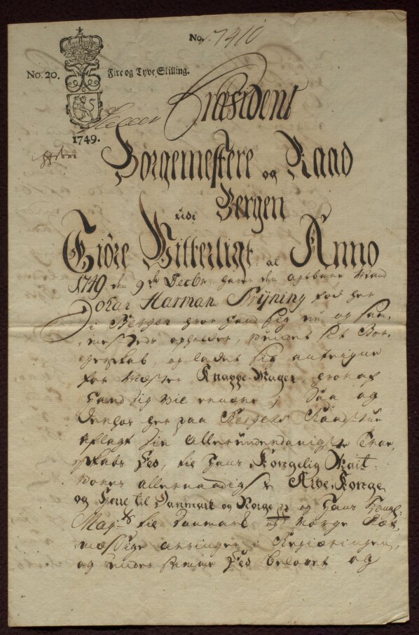 Mesterbrevet til Johann Harmann Brÿning fra 9. desember 1749. Mesterbrevet til Johann Harmann Brÿning fra 9. desember 1749.