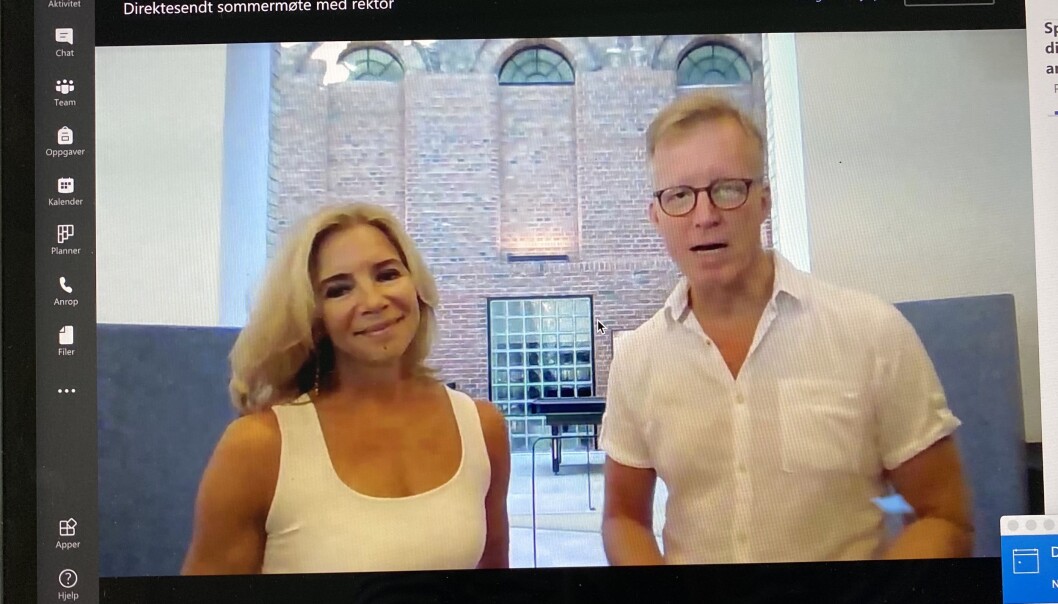 Prorektor Nina Waaler og rektor Curt Rice møtte ansatte til digitalt allmøte. Rundt 700 ansatte var innom. Prorektor Nina Waaler og rektor Curt Rice møtte ansatte til digitalt allmøte. Rundt 700 ansatte var innom.