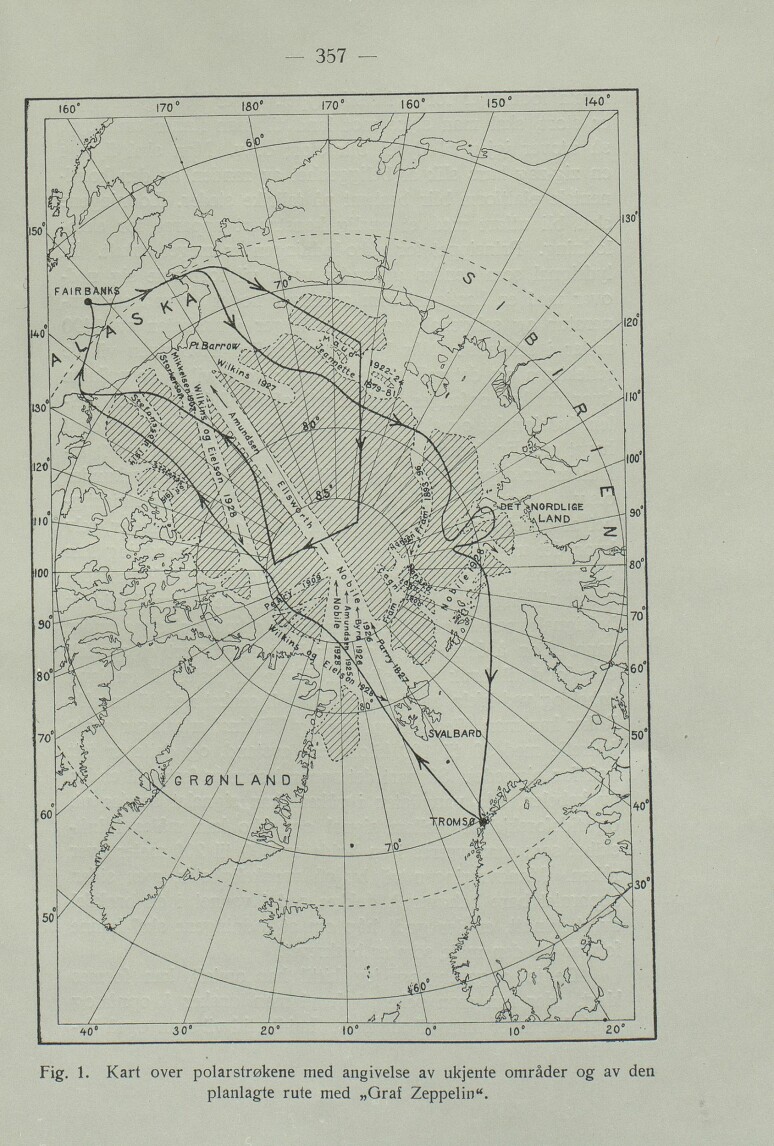 «Kart over polarstrøkene med angivelse av ukjente områder og av den planlagte rute med «Graf Zeppelin». .