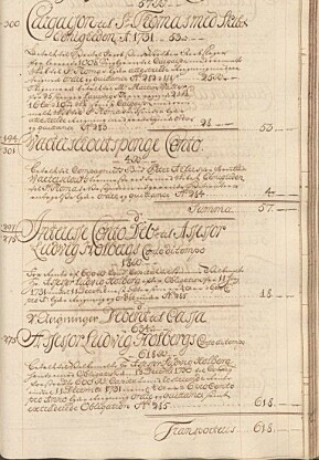 Etter ett år med obligasjonen i «Vestindiske» går Holberg ut 12. desember 1731. Han hadde etter et halvt år tjent 18 riksdaler 11. juni. Han får så «med resterende Rente inntil 11. desember 1731» ubetalt nye 18, totalt 36 riksdaler». Ill.: Vestindisk-Guineisk Kompagni, Negotiejournal, G 1727–1731, oppslag 350 av 378. Kilde: Ao.salldata.dk. Etter ett år med obligasjonen i «Vestindiske» går Holberg ut 12. desember 1731. Han hadde etter et halvt år tjent 18 riksdaler 11. juni. Han får så «med resterende Rente inntil 11. desember 1731» ubetalt nye 18, totalt 36 riksdaler». Ill.: Vestindisk-Guineisk Kompagni, Negotiejournal, G 1727–1731, oppslag 350 av 378. Kilde: Ao.salldata.dk.
