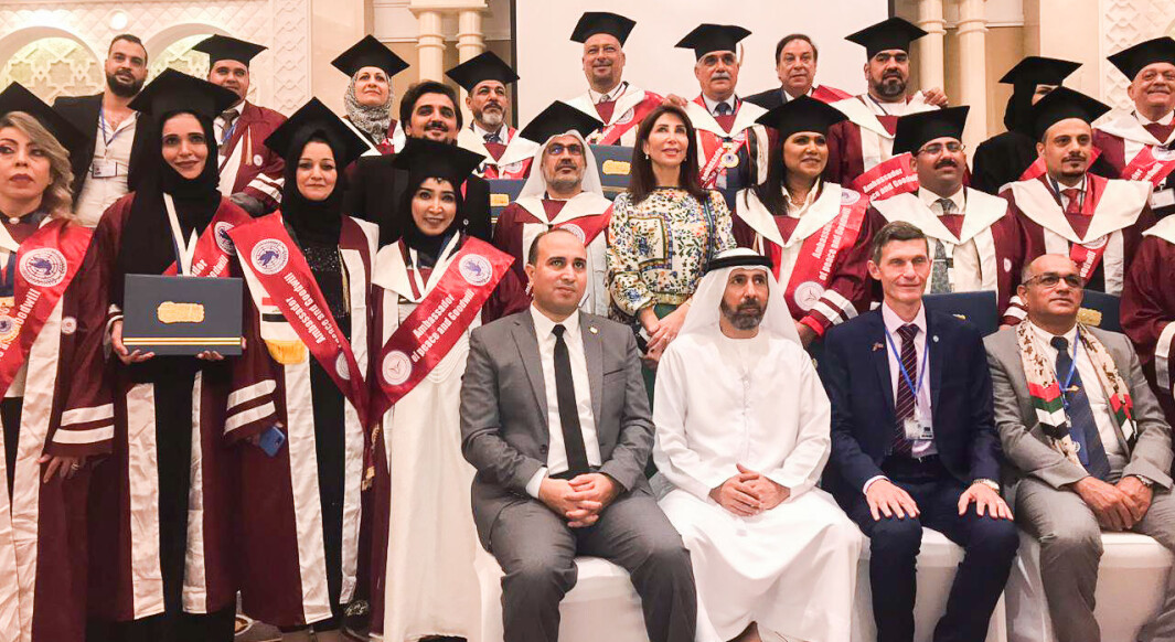 This is what it looked like when Jaf, bottom right, posed with the many who received awards and honorary doctorates in the United Arab Emirates last year. This is what it looked like when Jaf, bottom right, posed with the many who received awards and honorary doctorates in the United Arab Emirates last year.