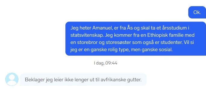 Skjermdump frå samtalen på Finn med utleigaren frå Halden. Skjermdump frå samtalen på Finn med utleigaren frå Halden.