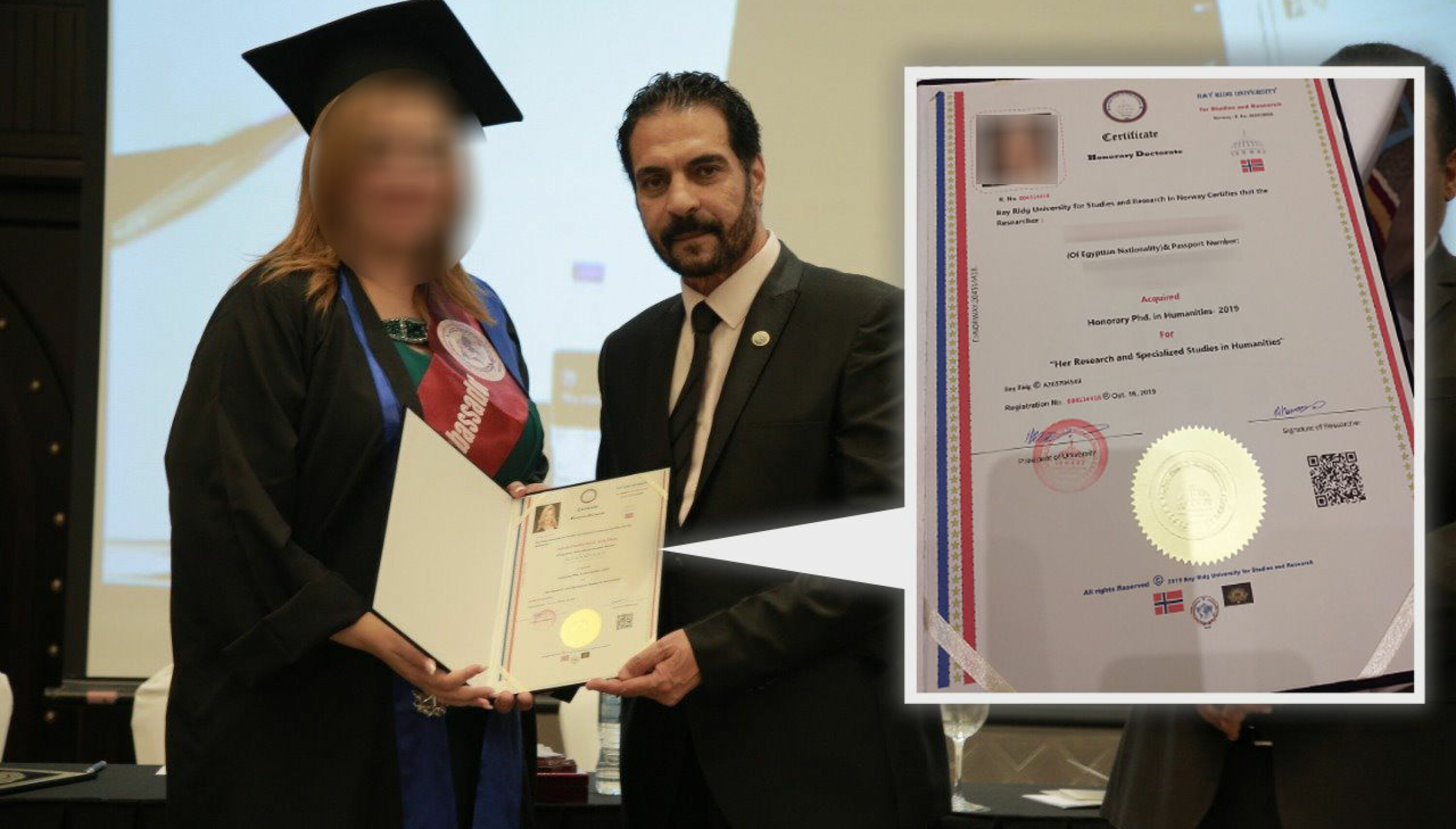 En kvinne mottar et diplom fra Tarek Ibrahims Bay Ridge University i fjor høst.