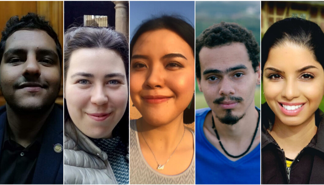 Ahmed Elbasuoney fra Egypt (fra venstre), Marharyta Stafiichuk fra Ukraina, svensk-sørkoreanske Minji Kim, Matheus Saez fra Brasil og norskindiske Puneet Sekhon var alle studenter ved Den internasjonale sommerskolen ved Universitetet i Oslo i år. Ahmed Elbasuoney fra Egypt (fra venstre), Marharyta Stafiichuk fra Ukraina, svensk-sørkoreanske Minji Kim, Matheus Saez fra Brasil og norskindiske Puneet Sekhon var alle studenter ved Den internasjonale sommerskolen ved Universitetet i Oslo i år.