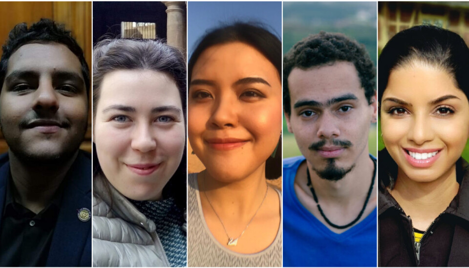 Ahmed Elbasuoney fra Egypt (fra venstre), Marharyta Stafiichuk fra Ukraina, svensk-sørkoreanske Minji Kim, Matheus Saez fra Brasil og norskindiske Puneet Sekhon var alle studenter ved Den internasjonale sommerskolen ved Universitetet i Oslo i år.