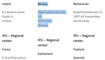 Skjermdump fra International Peace University viser en norsk adresse som "regionalt senter". Skjermdump fra International Peace University viser en norsk adresse som "regionalt senter".