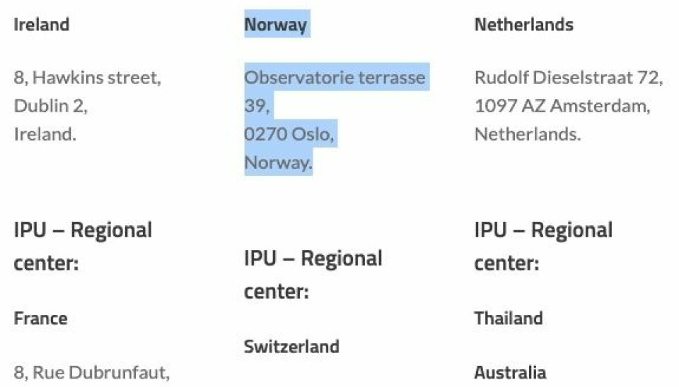 Skjermdump fra International Peace University viser en norsk adresse som 'regionalt senter'.