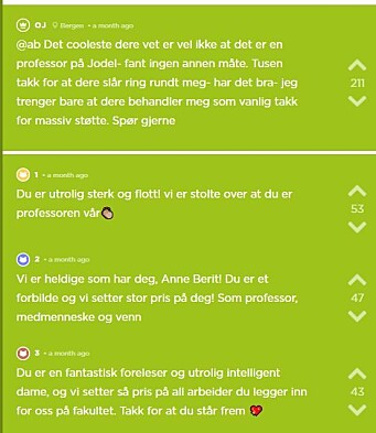 Anne Berit Guttormsen fikk stor støtte fra studentene sine etter at hun stod frem. Anne Berit Guttormsen fikk stor støtte fra studentene sine etter at hun stod frem.