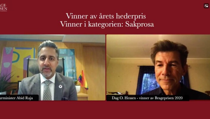 Kulturminister Abid Raja (V) delte ut prisene til Dag O. Hessen. Kulturminister Abid Raja (V) delte ut prisene til Dag O. Hessen.