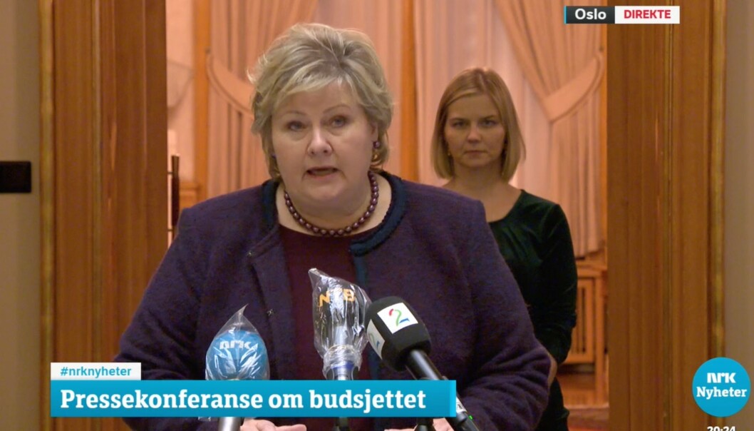 Erna Solberg under pressekonferansen der budsjettforliket ble presentert Erna Solberg under pressekonferansen der budsjettforliket ble presentert
