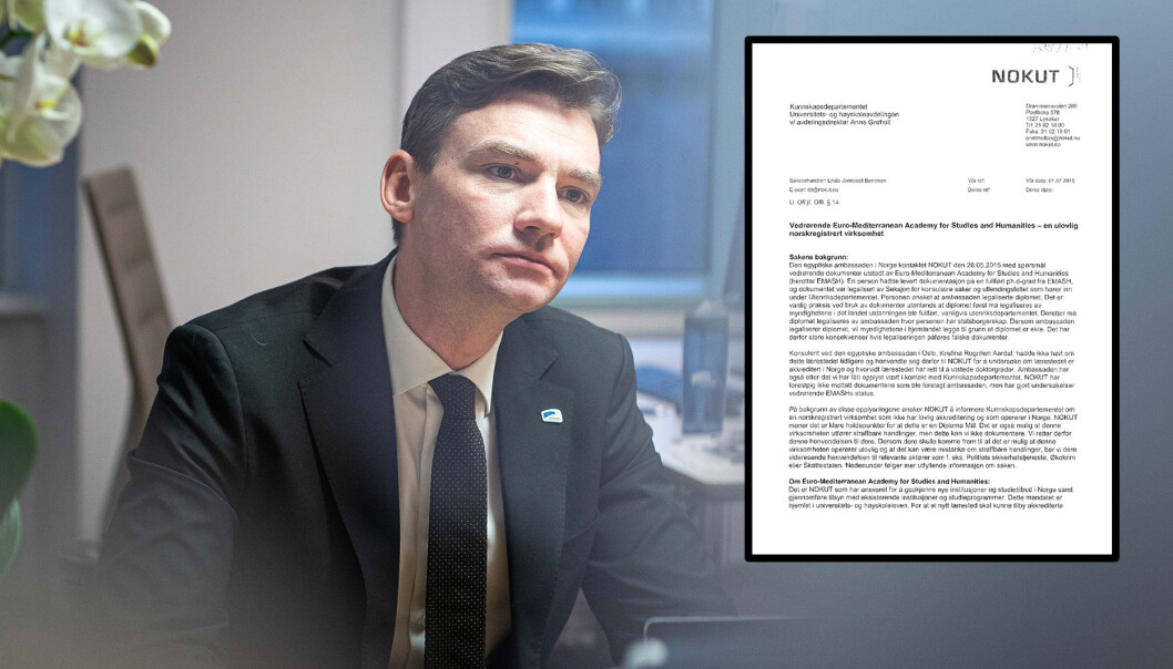 Kunnskapsdepartementet, her ved forsknings- og høyere utdanningsminister Henrik Asheim (H), kan ikke se i sine arkiver at brevet fra Nokut ble fulgt opp. Kunnskapsdepartementet, her ved forsknings- og høyere utdanningsminister Henrik Asheim (H), kan ikke se i sine arkiver at brevet fra Nokut ble fulgt opp.