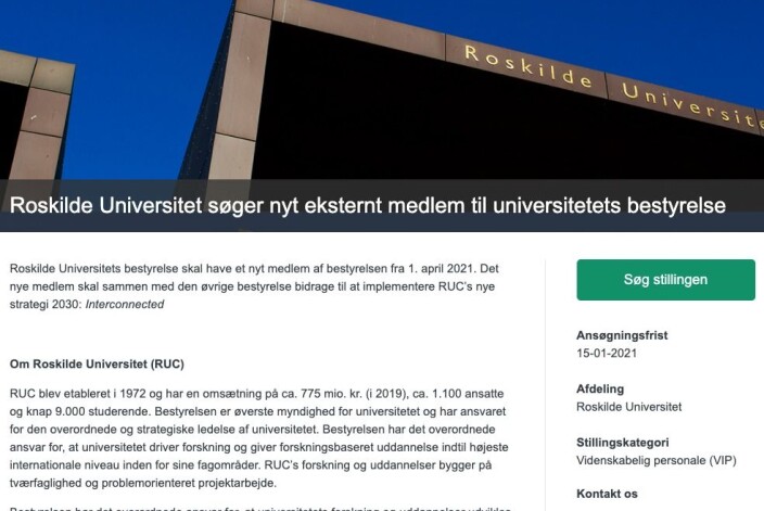 Slik ser stillingsannonsen for styremedlem til Roskilde universitet ut. Slik ser stillingsannonsen for styremedlem til Roskilde universitet ut.