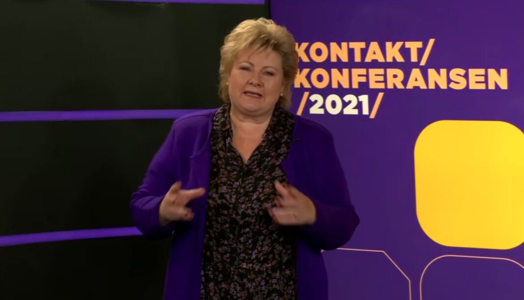 Erna Solberg under den digitale kontaktkonferansen i dag. Erna Solberg under den digitale kontaktkonferansen i dag.