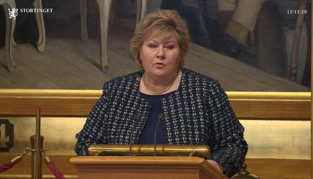 Statsminister Erna Solberg orienterer nå Stortinget om håndteringen av koronapandemien. Statsminister Erna Solberg orienterer nå Stortinget om håndteringen av koronapandemien.