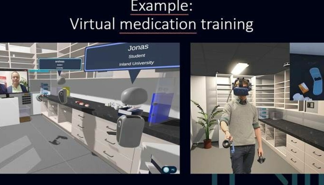 Slik ser det ut når sjukepleiarstudentane ved Høgskolen i Innlandet øver på medikamenthandtering. I det virtuelle rommet kan dei øva, kontrollera kvarandre, og levera svar når dei har fått jobba seg gjennom oppgåvene.