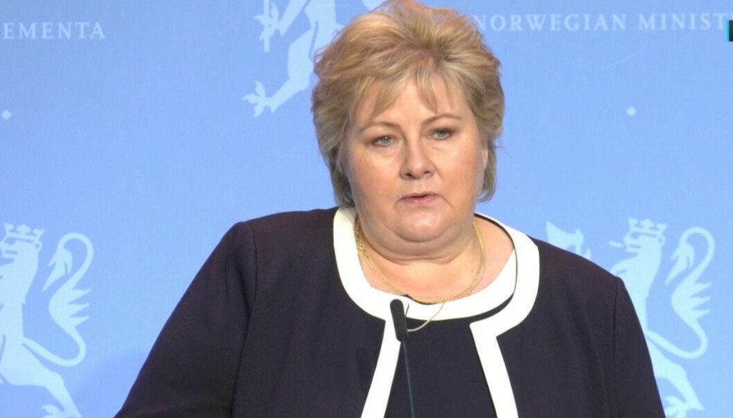Statsminister Erna Solberg under regjeringens pressekonferanse om krisepakke fredag 29. januar.