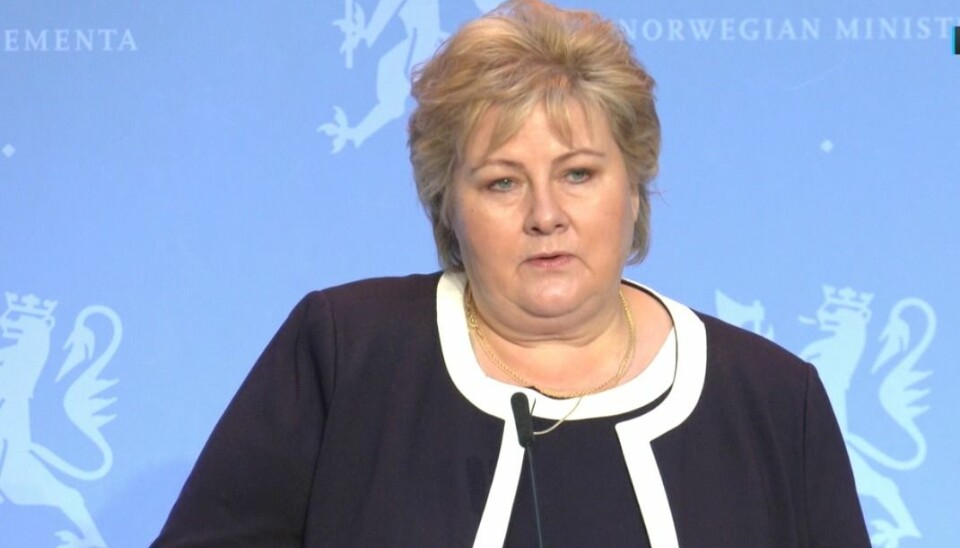 Statsminister Erna Solberg under regjeringens pressekonferanse om krisepakke fredag 29. januar.