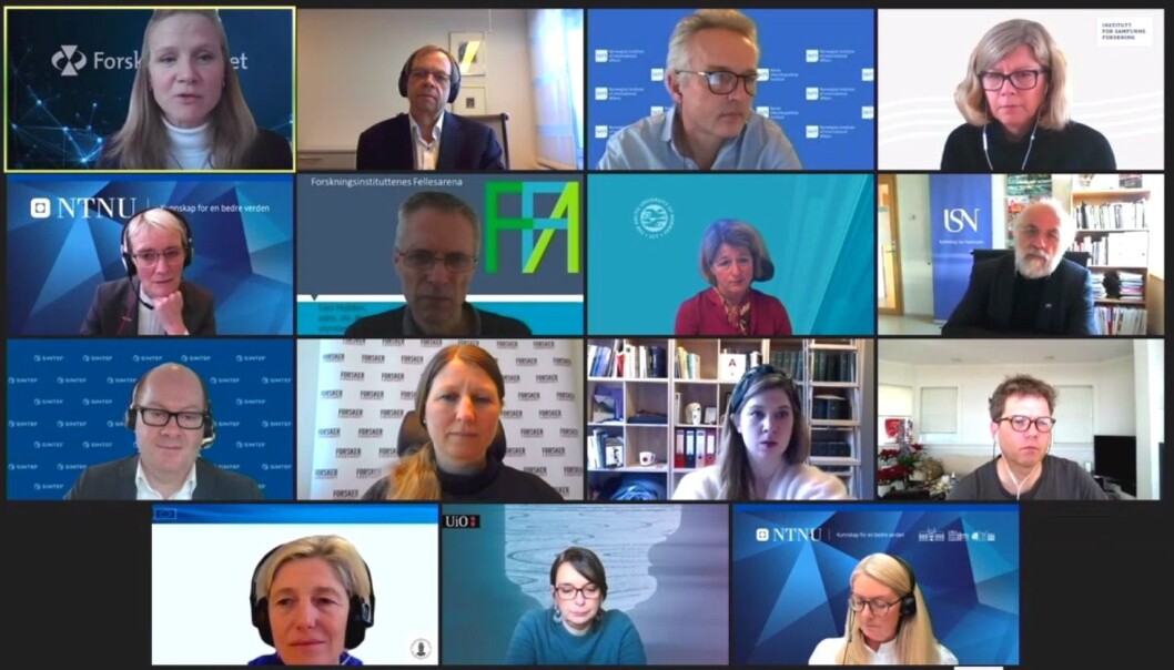 Direktør Mari Sundli Tveit (fra oppe t.v.), nestleder i styret, Kenneth Ruud, Nupi-direktør Ulf Sverdrup, direktør ved Institutt for samfunnsforskning, Tanja Storsul, NTNU-rektor Anne Borg, styreleder i Forskningsinstituttenes fellesarena Lars Holden, styreleder i Universitets- og høgskolerådet og UiT-rektor Anne Husebekk, rektor ved Universitetet i Sørøst-Norge Petter Aasen, Inge Røinass Gran, administrerende direktør i SINTEF Energi, leder i Forskerforbundet, Guro Lind, førsteamanuensis ved UiO, Sofie Høgestøl, NMBU-professor Gaute Einevoll, forskningsrådgiver Friederike Hoffmann, UiO-professor Mariel Aguilar-Støen og NTNU-professor Marianne Ryghaug. Direktør Mari Sundli Tveit (fra oppe t.v.), nestleder i styret, Kenneth Ruud, Nupi-direktør Ulf Sverdrup, direktør ved Institutt for samfunnsforskning, Tanja Storsul, NTNU-rektor Anne Borg, styreleder i Forskningsinstituttenes fellesarena Lars Holden, styreleder i Universitets- og høgskolerådet og UiT-rektor Anne Husebekk, rektor ved Universitetet i Sørøst-Norge Petter Aasen, Inge Røinass Gran, administrerende direktør i SINTEF Energi, leder i Forskerforbundet, Guro Lind, førsteamanuensis ved UiO, Sofie Høgestøl, NMBU-professor Gaute Einevoll, forskningsrådgiver Friederike Hoffmann, UiO-professor Mariel Aguilar-Støen og NTNU-professor Marianne Ryghaug.