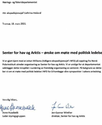 Faksimile av brevet fra Anne Husebekk og Jan Gunnar Winther