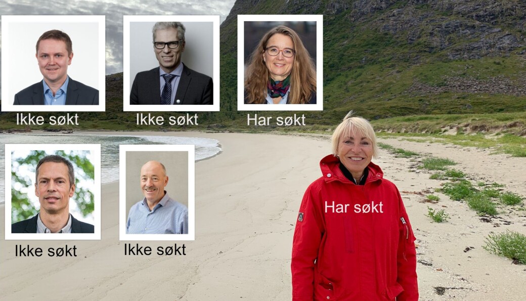 Direktør Sissel Rogne ved Havforskningsinstituttet blir ikke utfordret av de tyngste kandidatene innen fagfeltet når toppjobben ved instituttet er ledig for seks nye år. Den sterkeste faglige bakgrunnen blant de øvrige søkerne har Ingvild Eide Graff, øverst til høyre. Vegar Johansen, Sintef øverst til venstre søker ikke. Fagdirekør Geir Lasse Taranger ved HI(i midten øverst) har heller ikke søkt. Det samme gjelder fagdirektør Geir Huse ved HI, nederst til venstre. Til høyre for ham er direktør Ola Arve Misund ved Polarinstituttet som heller ikke har søkt jobb som ny direktør for Havforskningsinstituttet. Direktør Sissel Rogne ved Havforskningsinstituttet blir ikke utfordret av de tyngste kandidatene innen fagfeltet når toppjobben ved instituttet er ledig for seks nye år. Den sterkeste faglige bakgrunnen blant de øvrige søkerne har Ingvild Eide Graff, øverst til høyre. Vegar Johansen, Sintef øverst til venstre søker ikke. Fagdirekør Geir Lasse Taranger ved HI(i midten øverst) har heller ikke søkt. Det samme gjelder fagdirektør Geir Huse ved HI, nederst til venstre. Til høyre for ham er direktør Ola Arve Misund ved Polarinstituttet som heller ikke har søkt jobb som ny direktør for Havforskningsinstituttet.