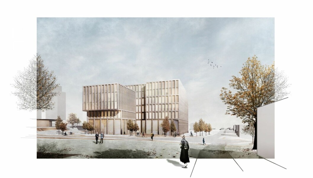 I dette bygget ved Ahus i Lørenskog anbefales det at OsloMet etablerer sin nye Romerike-campus. Illustrasjon: ASAS arkitekter
