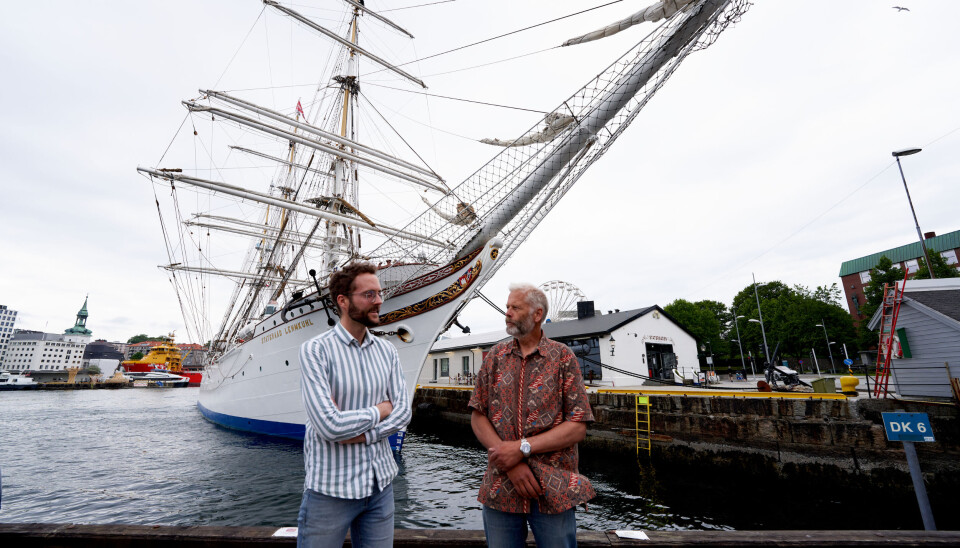 Birger Berge (til venstre) og Hans Munthe-Kaas går om bord i Statsraad Lemkuhl i sommar, men ikkje i Bergen.