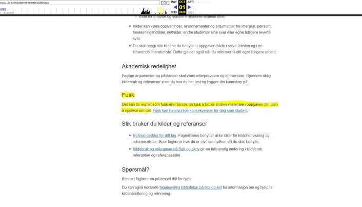 Slik så nettsiden til Universitetet i Oslo ut 1. oktober 2020. I ettertid har man lagt til en setning som presiserer at det kan også bli regnet som fusk eller forsøk på fusk å bruke eget tidligere arbeid uten å opplyse om det. Slik så nettsiden til Universitetet i Oslo ut 1. oktober 2020. I ettertid har man lagt til en setning som presiserer at det kan også bli regnet som fusk eller forsøk på fusk å bruke eget tidligere arbeid uten å opplyse om det.