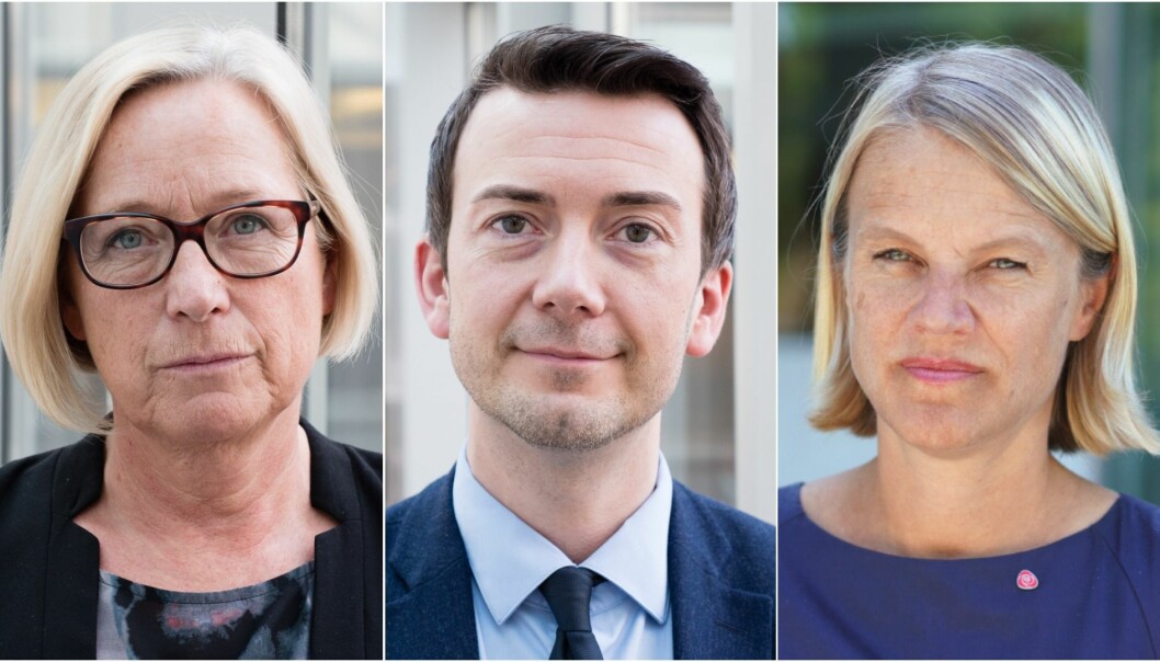 Marit Arnstad (Sp), Kent Gudmundsen (H) og Nina Sandberg (Ap) skal møtast til debatt tysdag ettermiddag.