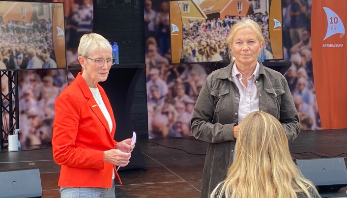 NTNU-rektor Anne Borg (t.v.) og Alexandra Bech Gjørv (Sintef) på Arendalsuka 2021. De stiller igjen i år, blant annet med toppmøte om forskning.