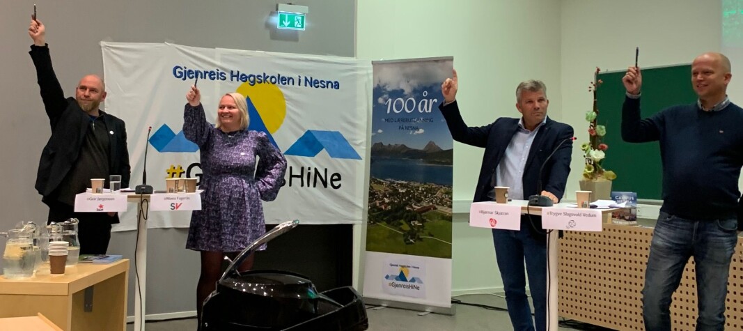 Geir Jørgensen frå Raudt, Mona Fagerås (SV), Bjørnar Skjæran (Ap) og Senterparti-leiar Trygve Slagsvold Vedum lova alle på vegner av sine parti at dei vil røysta for at det skal vera høgskule på Nesna i framtida. Det same gjorde Ingelin Noresjø frå KrF og Thomas Johansen frå MDG. Geir Jørgensen frå Raudt, Mona Fagerås (SV), Bjørnar Skjæran (Ap) og Senterparti-leiar Trygve Slagsvold Vedum lova alle på vegner av sine parti at dei vil røysta for at det skal vera høgskule på Nesna i framtida. Det same gjorde Ingelin Noresjø frå KrF og Thomas Johansen frå MDG.