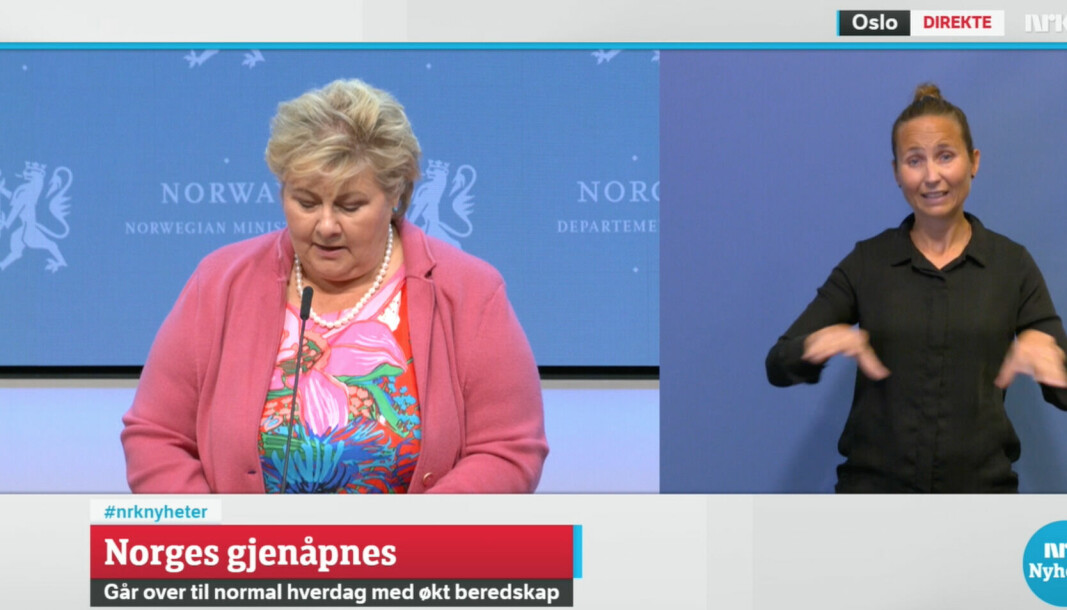 Fra dagens pressekonferanse. Statsminister Erna Solberg gjenåpner Norge.